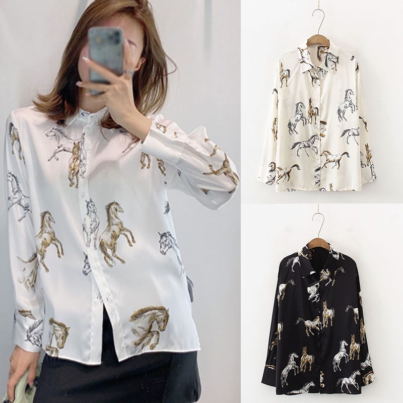 blusa de cetim feminina manga longa estampa animal cavalo chique camisa primavera retrô estilo hong kong design nicho