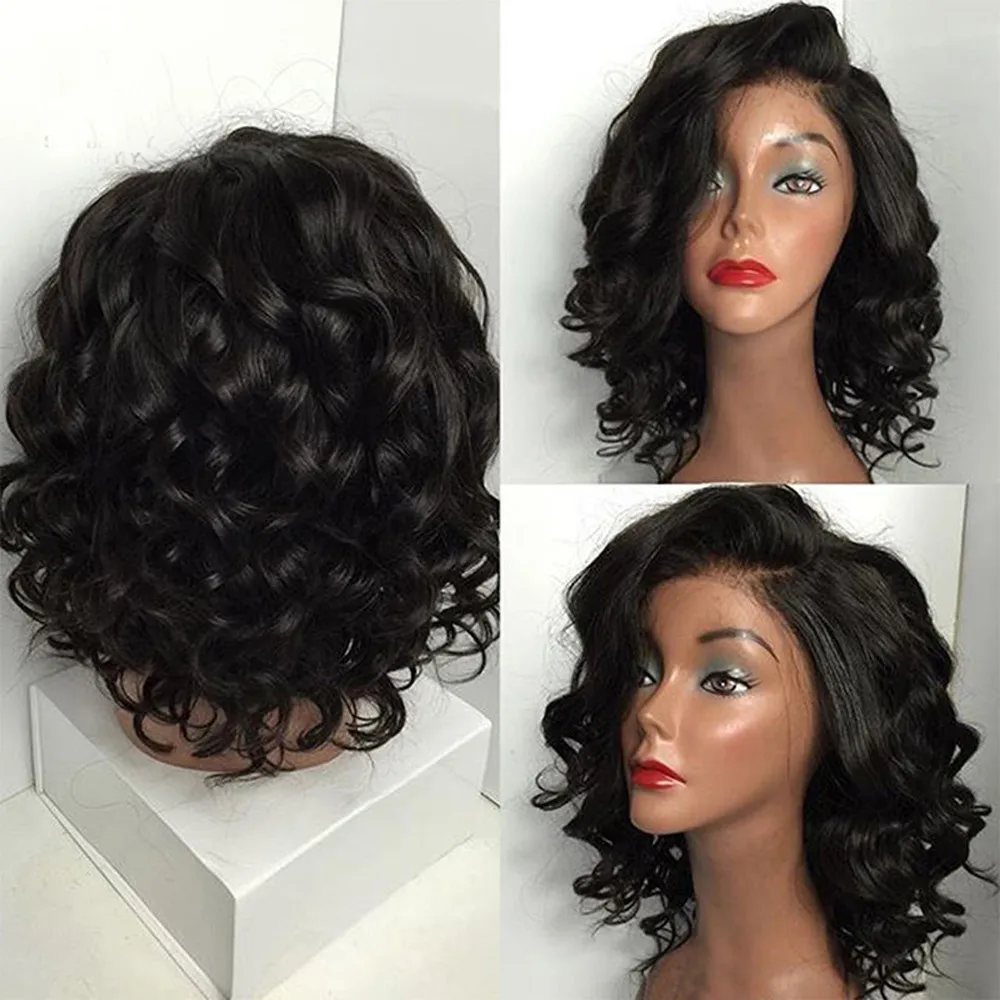 Short Hair Afro Kinky Curly Wigs With Bangs For Black Women Synthetic African Cosplay Short Wavy Wigs High Temperature
