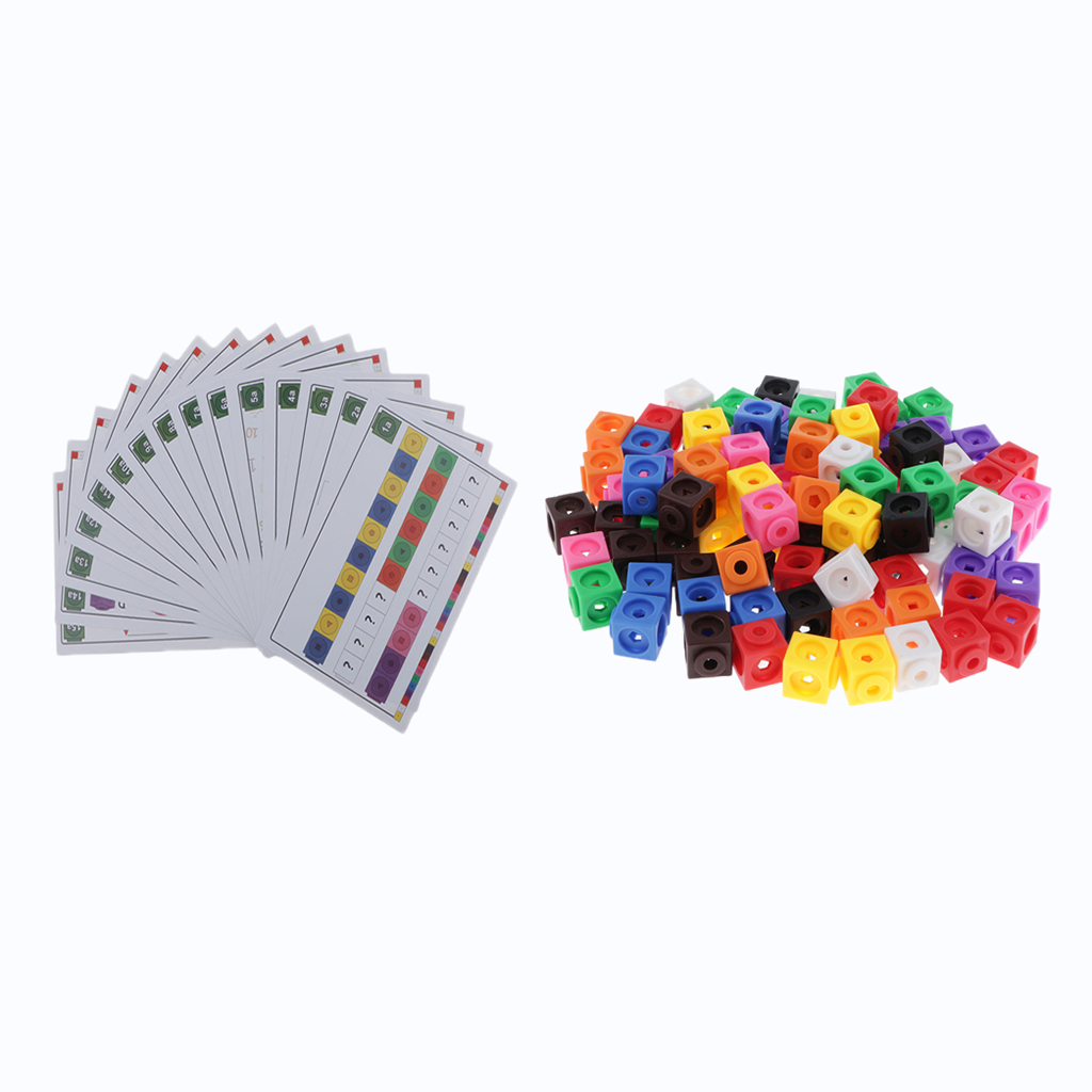 100 Pieces Math Link Cubes - Interlocking Snap Blocks Set with 15 Cards - for