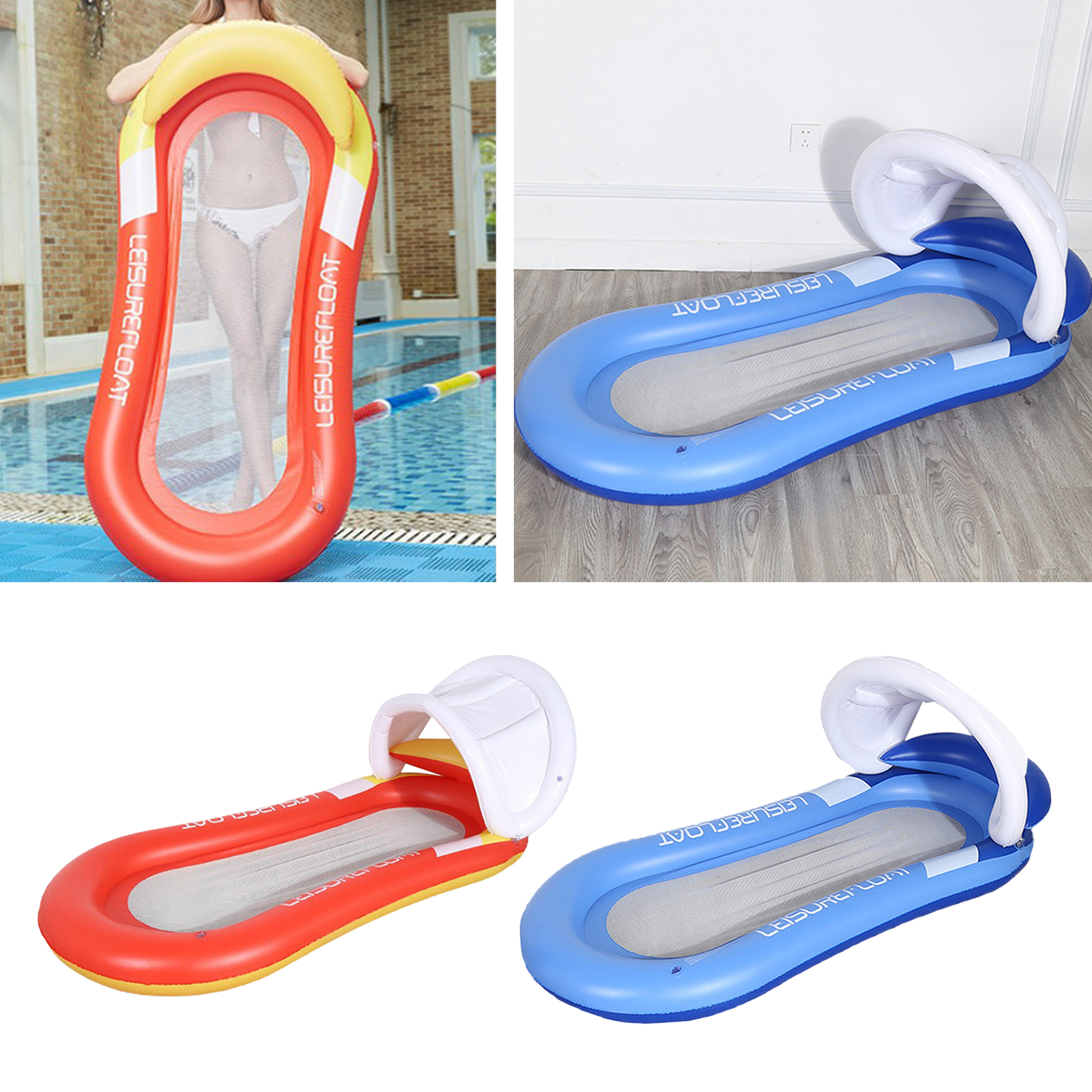 Deluxe Inflatable Hammock Float Row with Awning Swimming Bed Portable Beach Summer Supplies 63x35 Inch