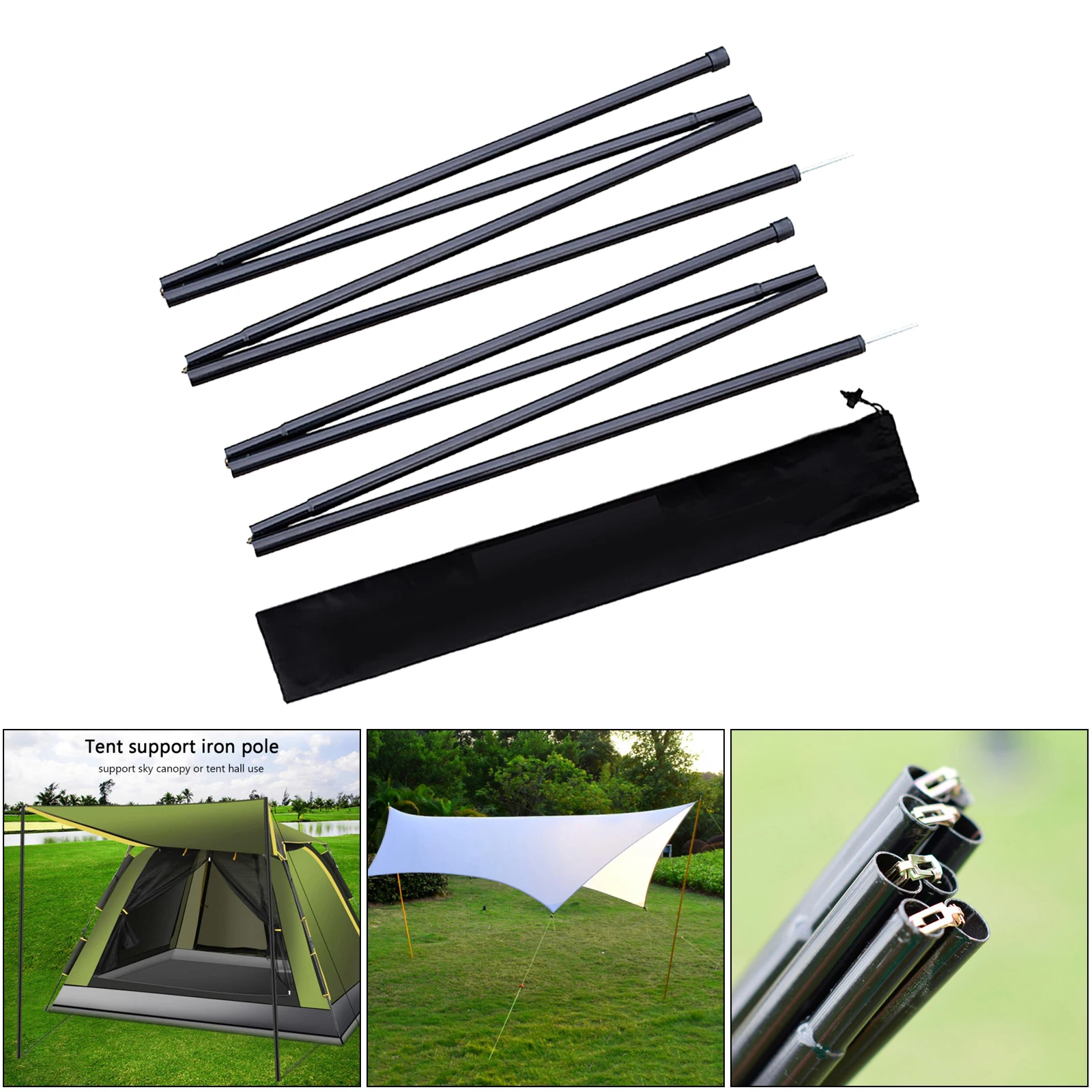 2Pieces Solid Tarp Poles 190cm Camping Backpacking Tent Rod w/ Storage Bag