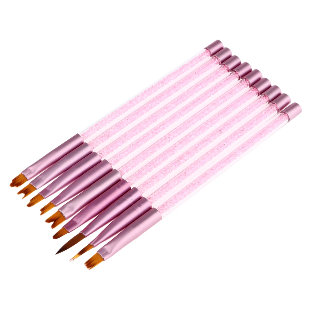 9PCS UV Gel Acrylic Nail Brush Nail Art Tips Builder Brush Nail Painting Brush Pen Set with Acrylic Rhinestone Handle