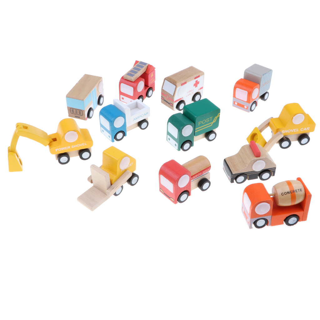Wooden Urban Vehicle Set for Children - 12 Pieces, Truck, Bus, School Bus,