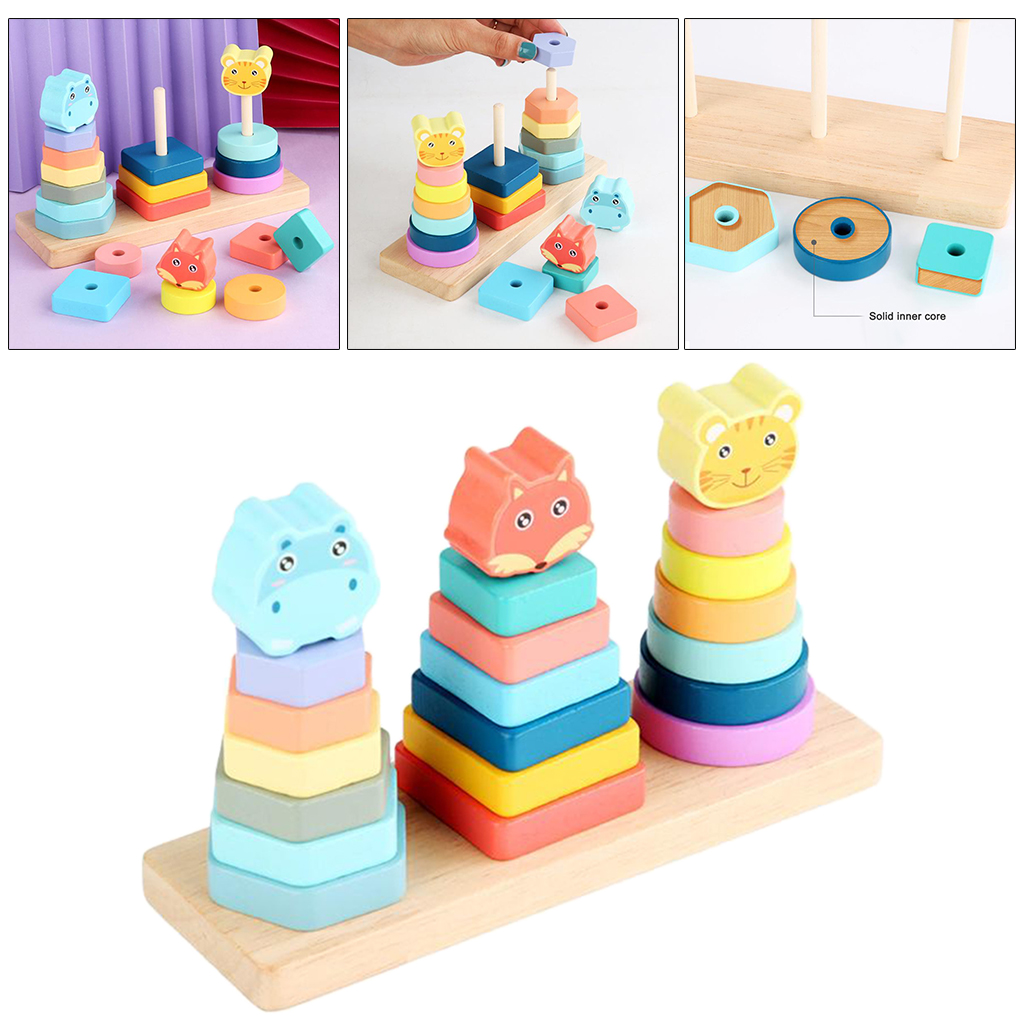 Kids Wood Stacking Geometric Blocks Set   Early Learning Toys Puzzle