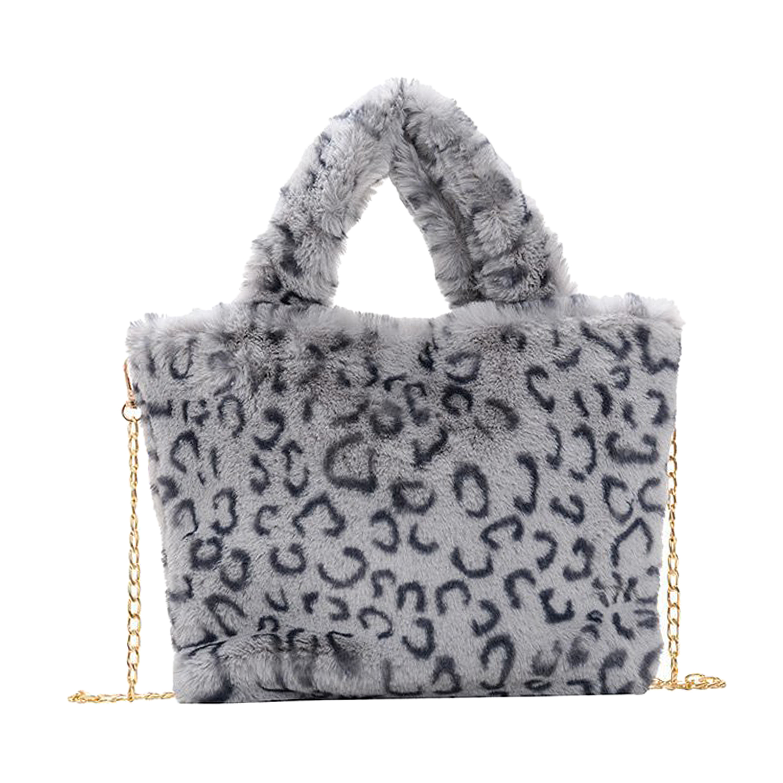 Soft Faux Fur Shoulder Bag Womens Plush Handbag Tote Leopard Print Chain Strap