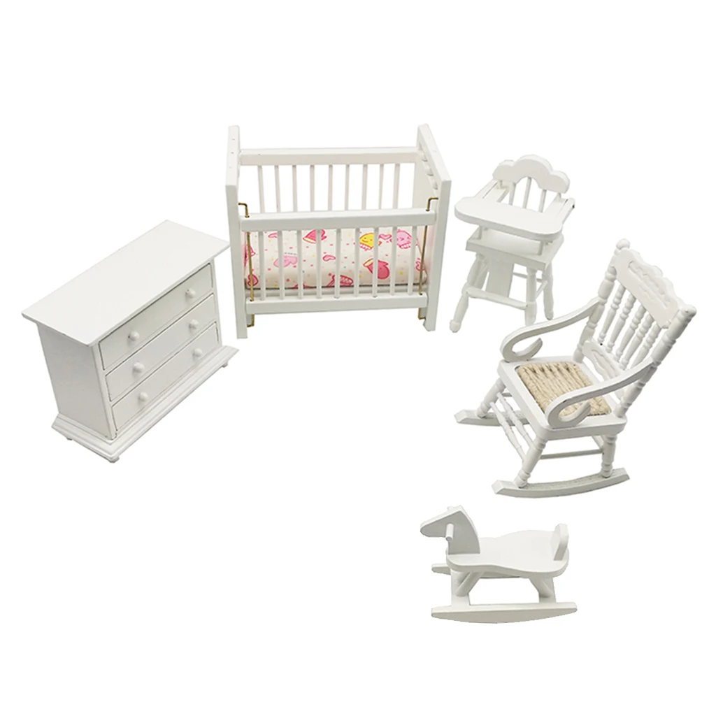 5pcs Modern 1/12 Miniature Rocking Horse +Cabinet +Crib Furniture For Dollhouse