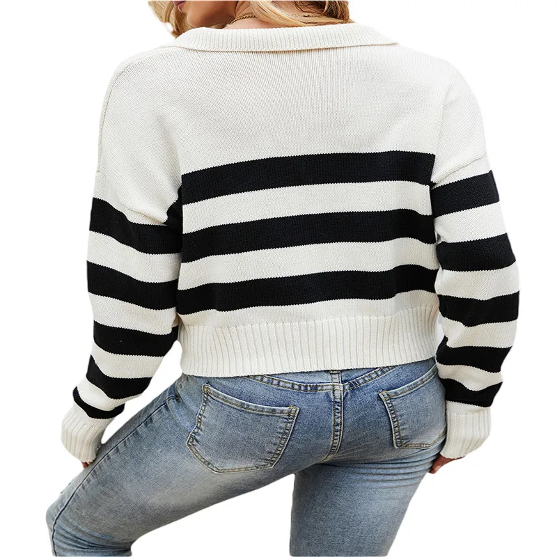 turtleneck sweater Autumn Women Color Block Knitting Top Casual Loose Sweater Striped Turn-down Collar Long Sleeve Knit Pullover short sleeve cardigan