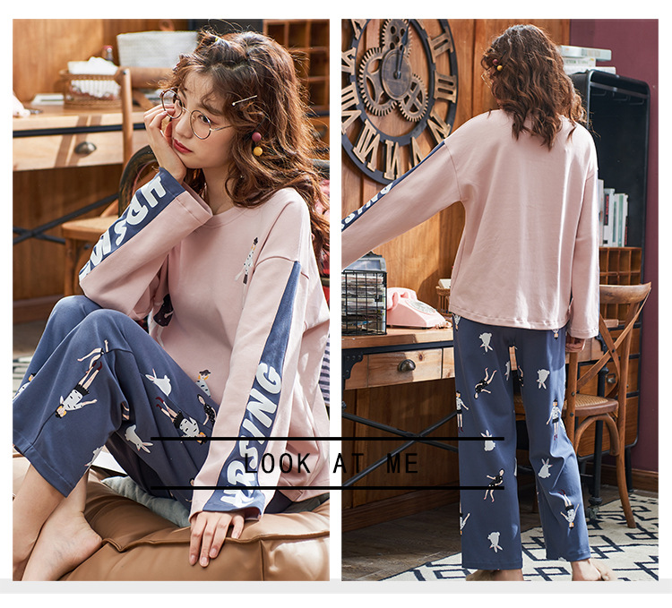 Algodão dos Desenhos Comprida + Calça Slpbely Feminino Pijamas Conjunto Nightwear Primavera Bonito Animados Manga Casual Casa Roupas 15 Conjuntos de pijama