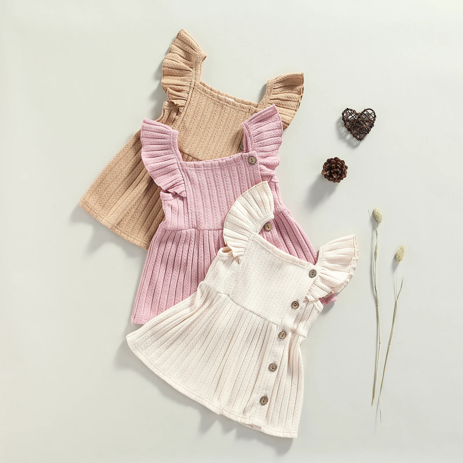Baby Girls Casual Princess Knitted Dress, Solid Color Square Collar Fly Sleeve Thick Ribbed Gown