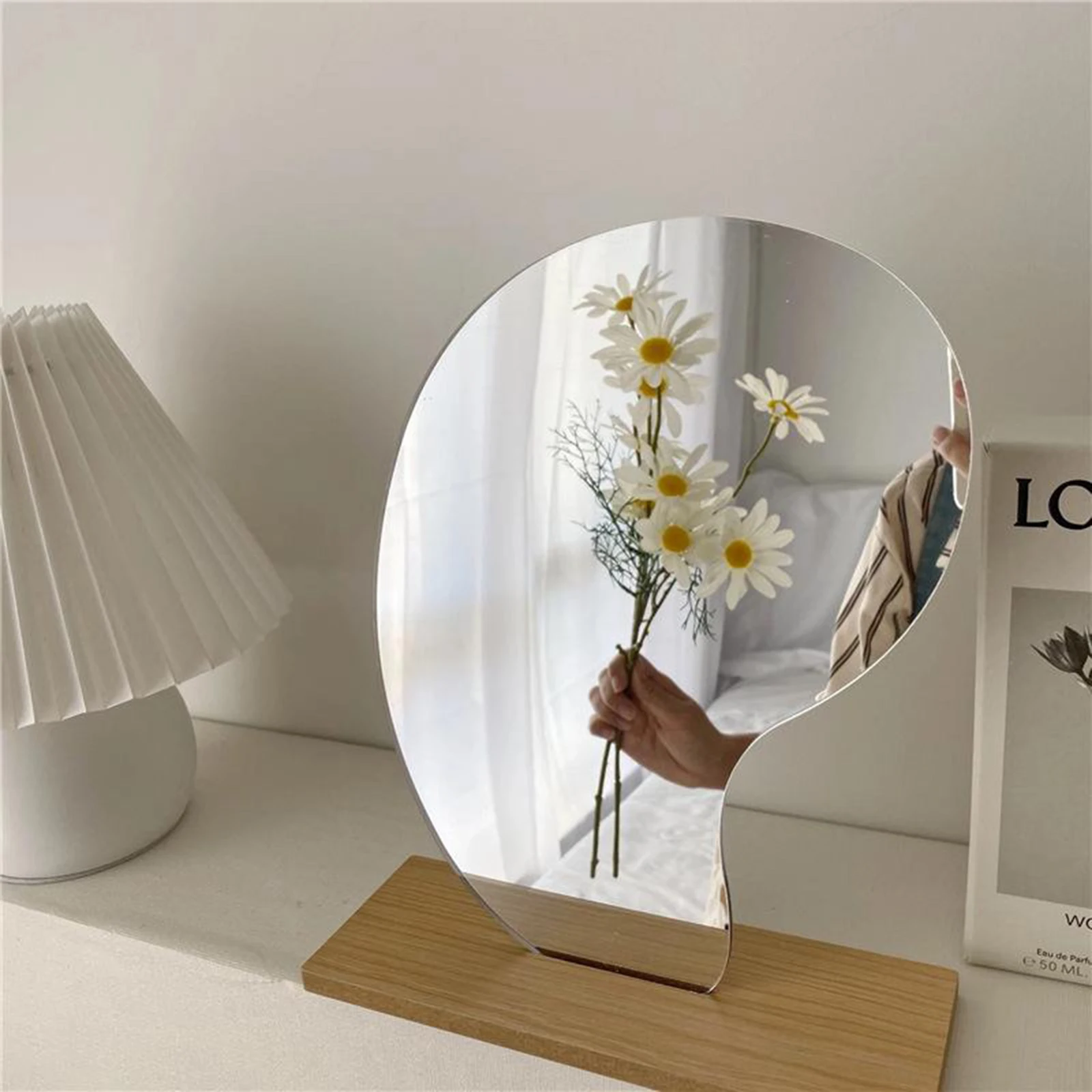 Acrylic Mirrors Irregular Make Up Mirror W/ Wooden Base Decorative Gift