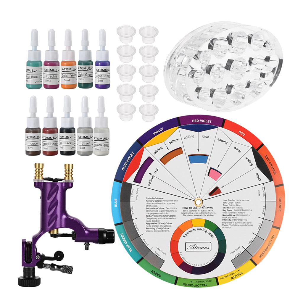 Complete Tattoo Kit for Beginners Tattoo Power Supply Kit, Tattoo Motor Machine, Tattoo Inks, Tattoo Color Cup, Color Chart