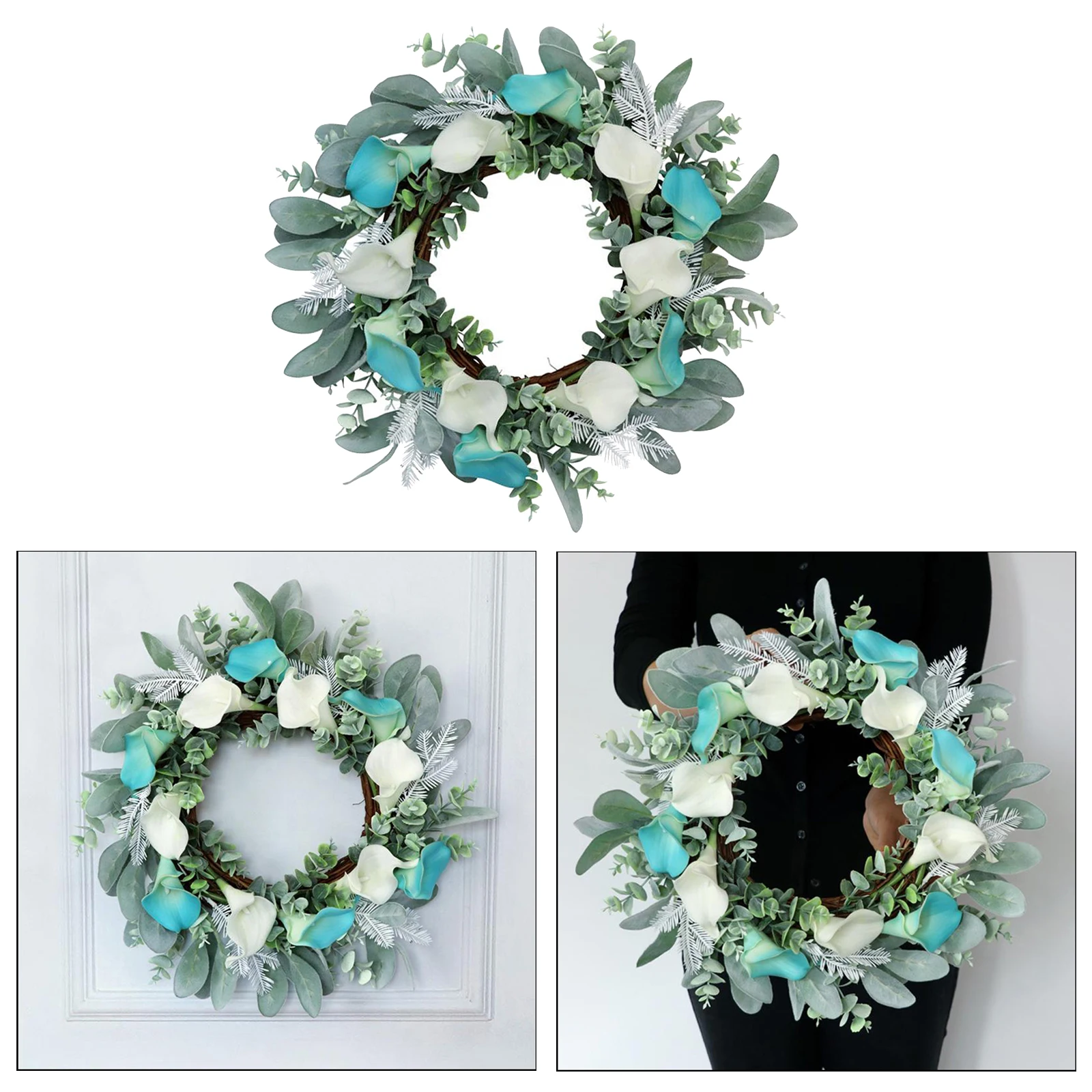 16'' Fall Front Door Wreath Artificial Floral Garland Autumn Foliage Fall Blue Wreath Wall Window Thanksgiving Decor for Indoor