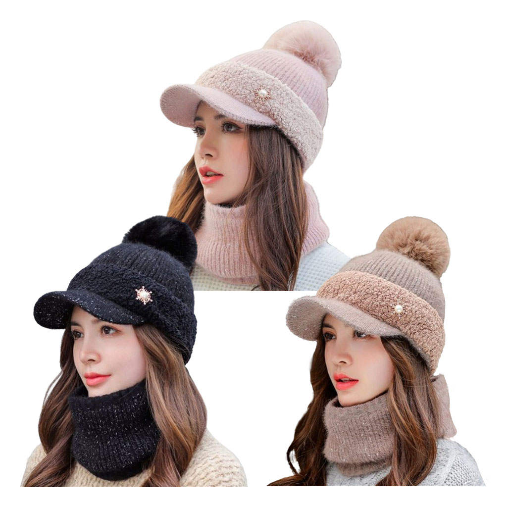 Women's Warm Beanie Hat Scarf Set, Knitted Wool Thick Visor Slouchy Skull Caps for Outdoor Ski, Cycling and Camping, Ladies