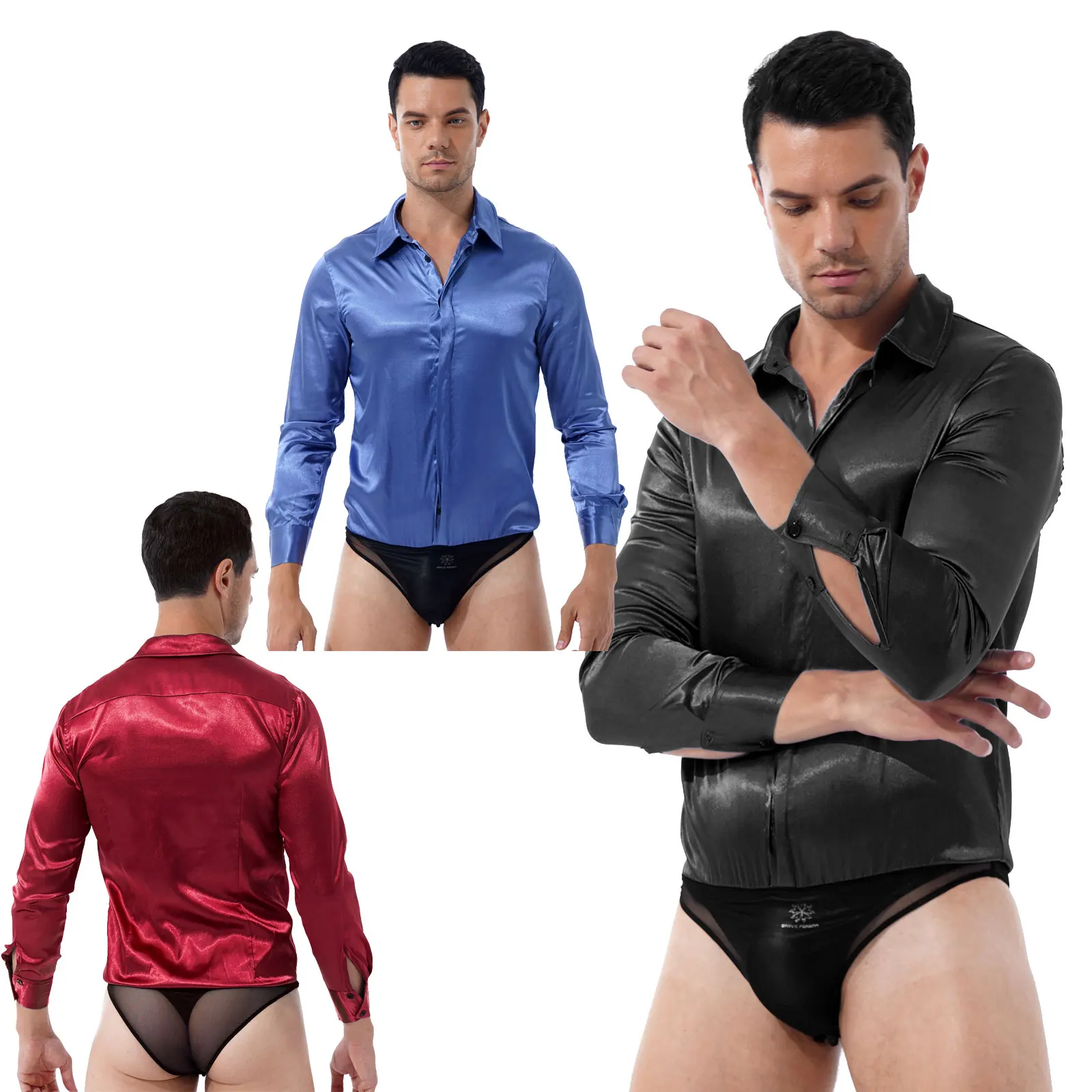 Men's Long Sleeve Ballroom Latin Salsa Ballet Dance Shirt Bodysuit Satin Turn-down Collar Leotard  Coveralls male ballet dancewear