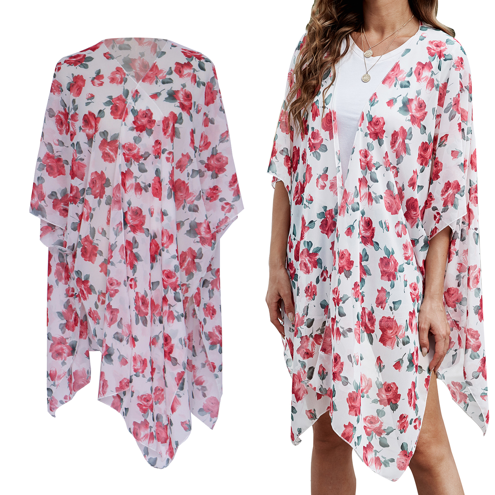 Sexy Beach Bikini Cover up Dress, Beautiful Floral Chiffon Swimsuit Covers Kimono Cardigan for Women Ladies Girls