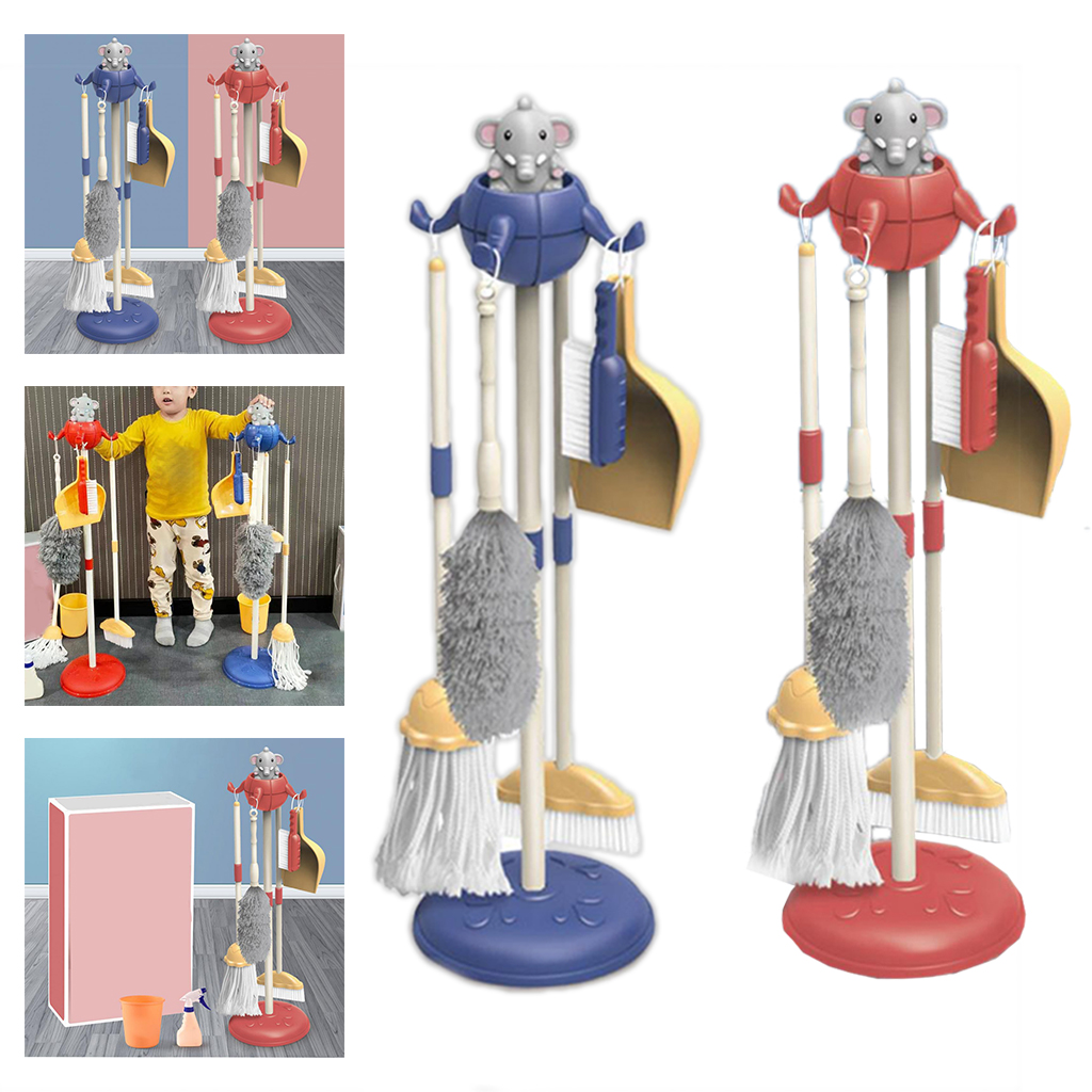 1Set Cute Elephant Kids Cleaning Toy Set Pretend Play With Broom Mop Brush Organizing Stand for Kids 4-6 Years Old