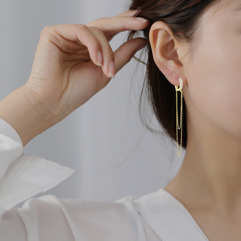 S925 Sterling Silber Ohr Schnalle Smple Mode Lange Quaste Kette Zirkon Ohrringe Für Frauen Übertrieben Mode Stil Schmuck – Detail 6