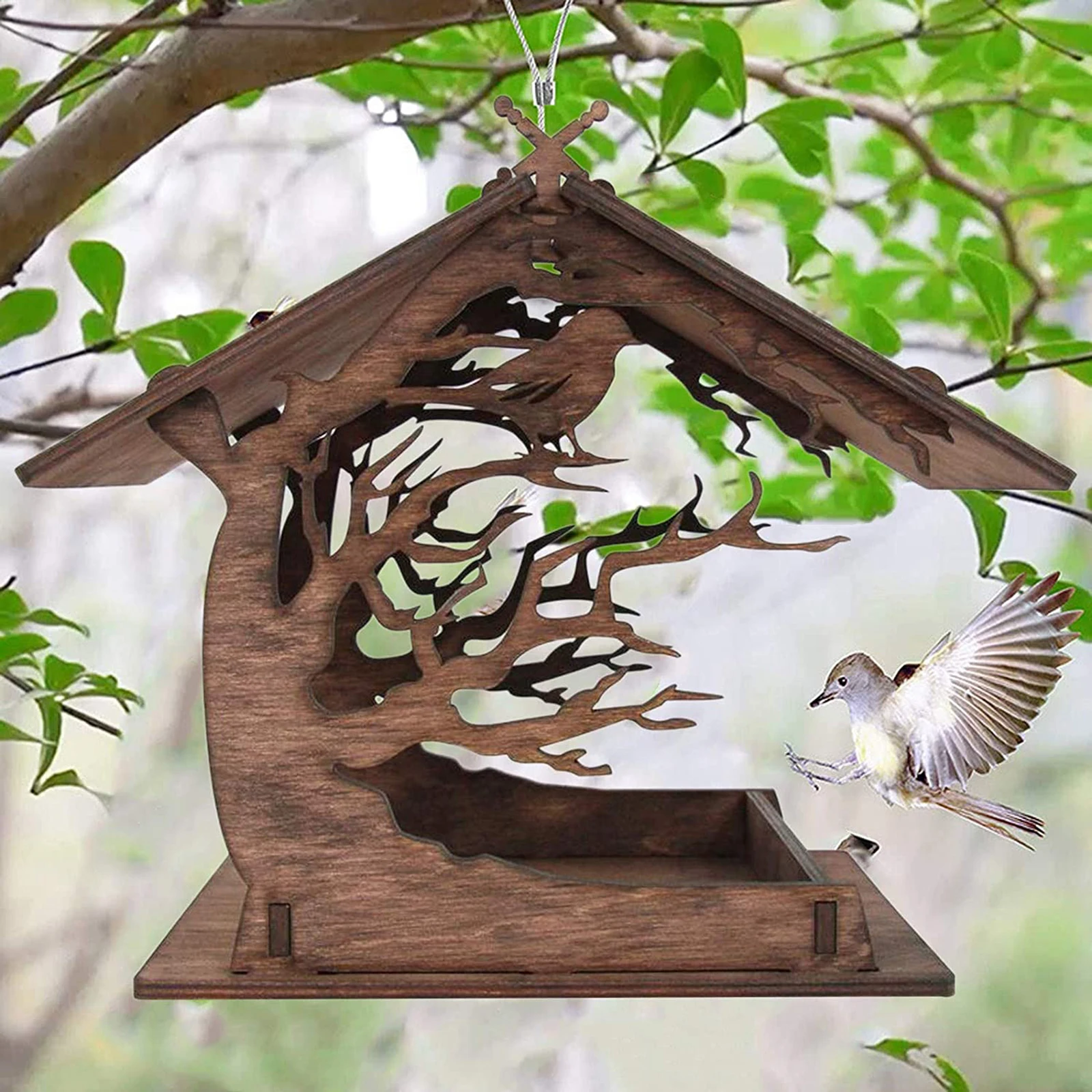 Wooden Birdhouse Bird Feeder Yard Hanging Ornament Feeding Tray Dispenser