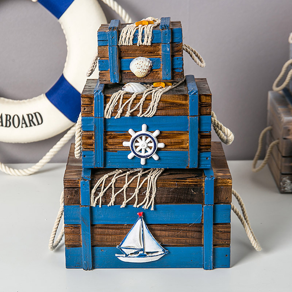3-in-1 Stackable Mediterranean Wooden Storage Box with Lid Decor Jewelry Books Fruits Craft Stationery Organizer