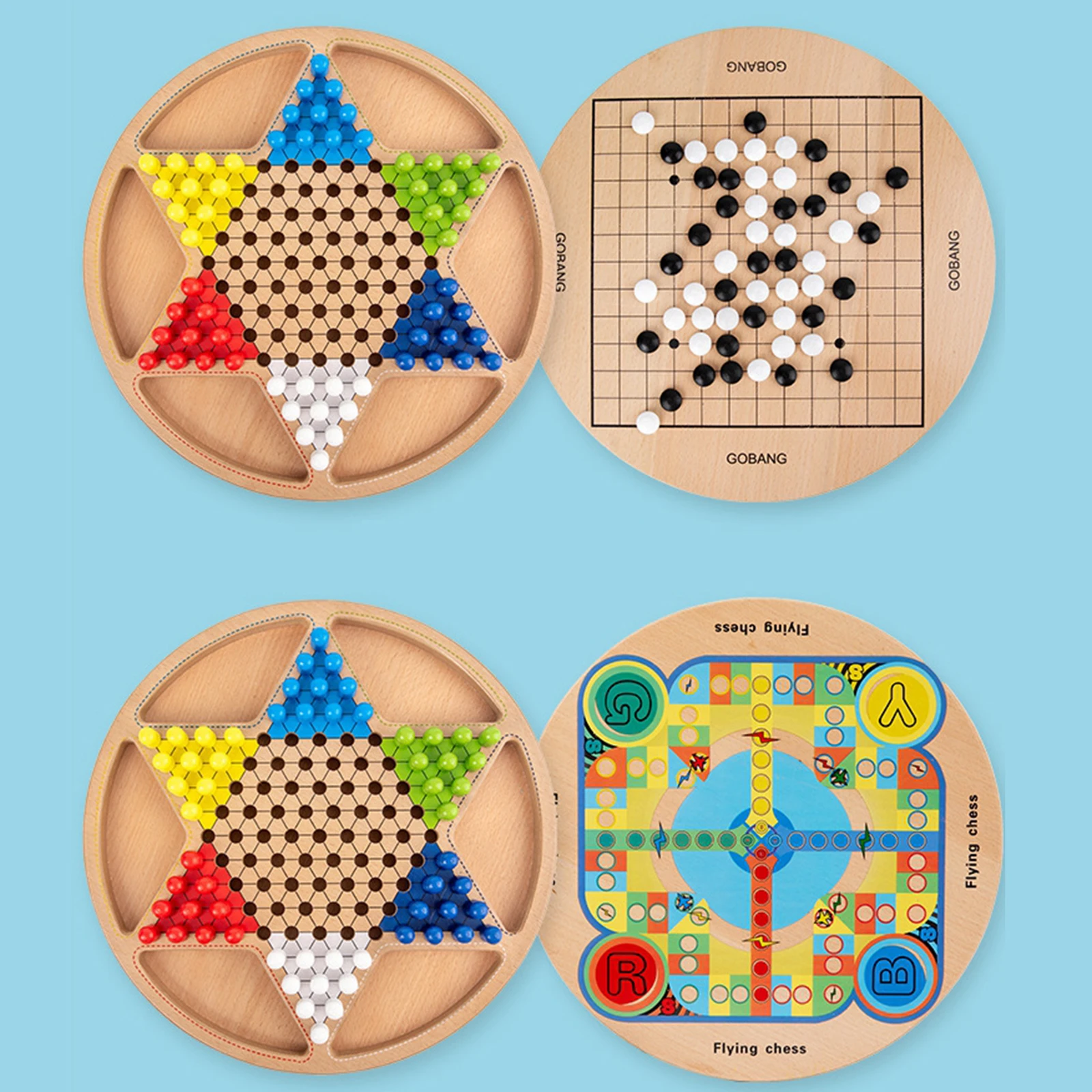 2 in 1 Chinese Checkers Board Game Mini Wooden Travel Set with Coloured Pegs for Adults, Boys and Girls in 6 Colors