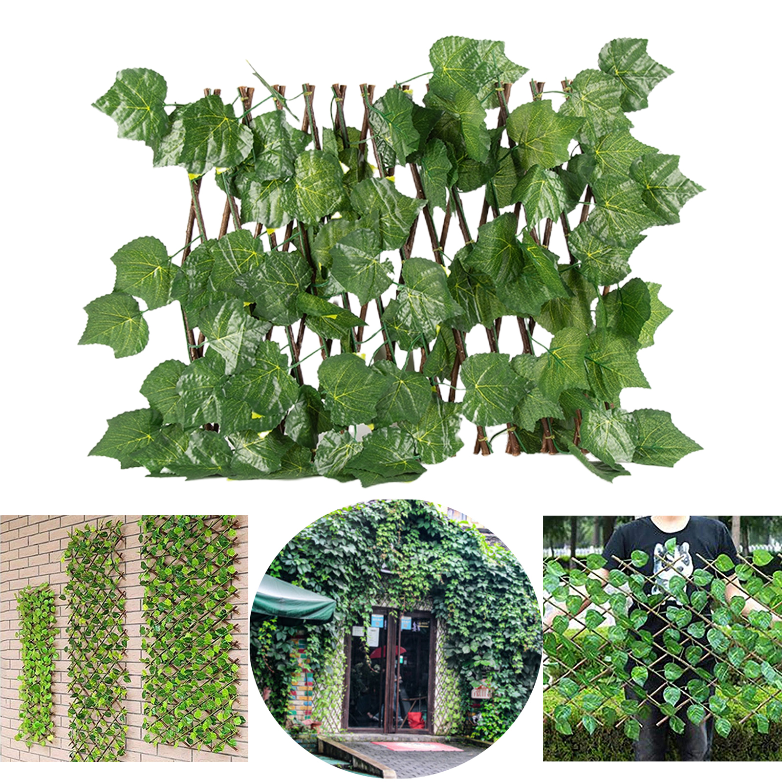 Expandable Garden Screening Trellis Wooden Fence with Artificial Leaves