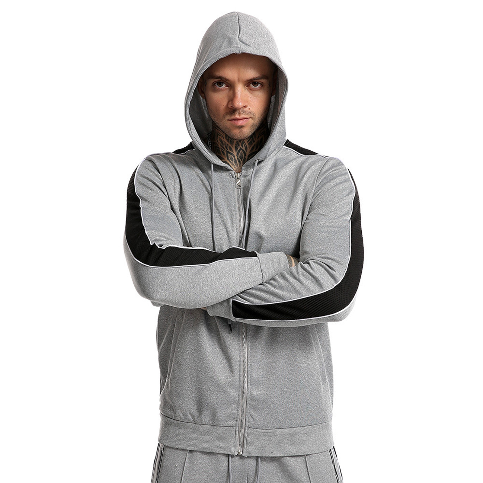 Men Tracksuit Hoodie With Pockets And Zip Solid Colour Patchwork Suit ...