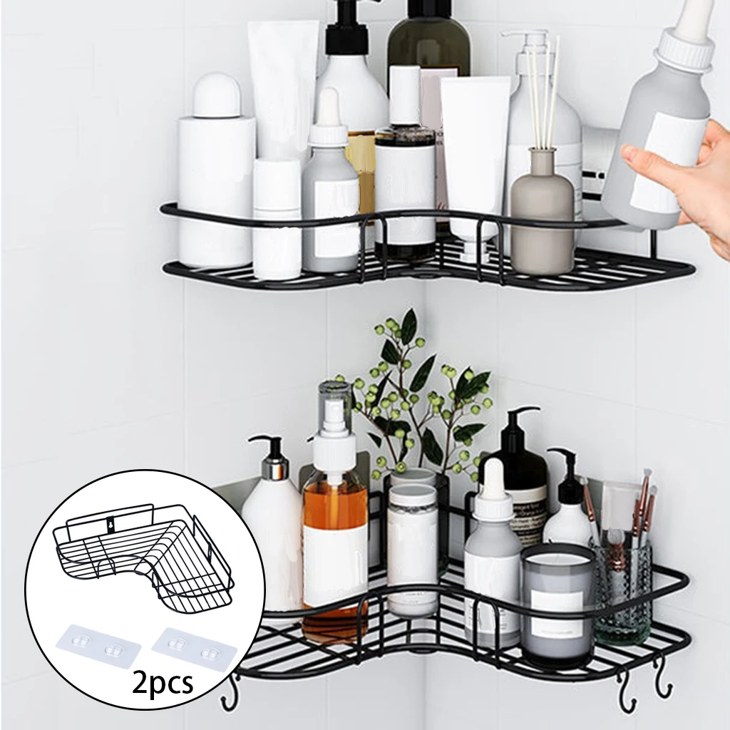 2Pcs Heavy Duty Wall Mounted Kitchen Corner Shelves Spices Bottle Shower Adhesive Storage Organizer Holder No Drilling