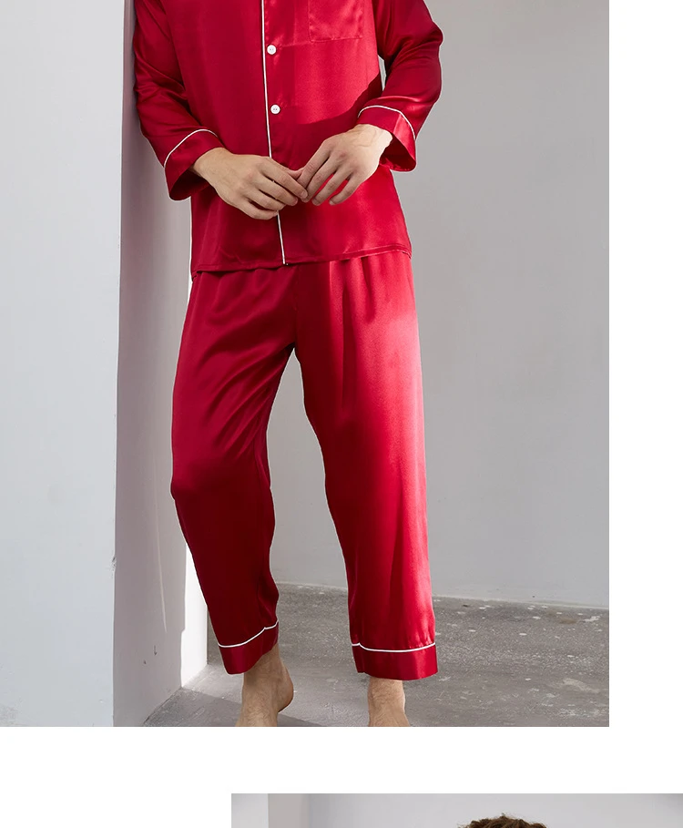 mens christmas pjs Men's Long Sleeve Trousers Silk Pajamas Set Summer 100% Mulberry Silk Home Clothes AvailableM ale men's pajama sets