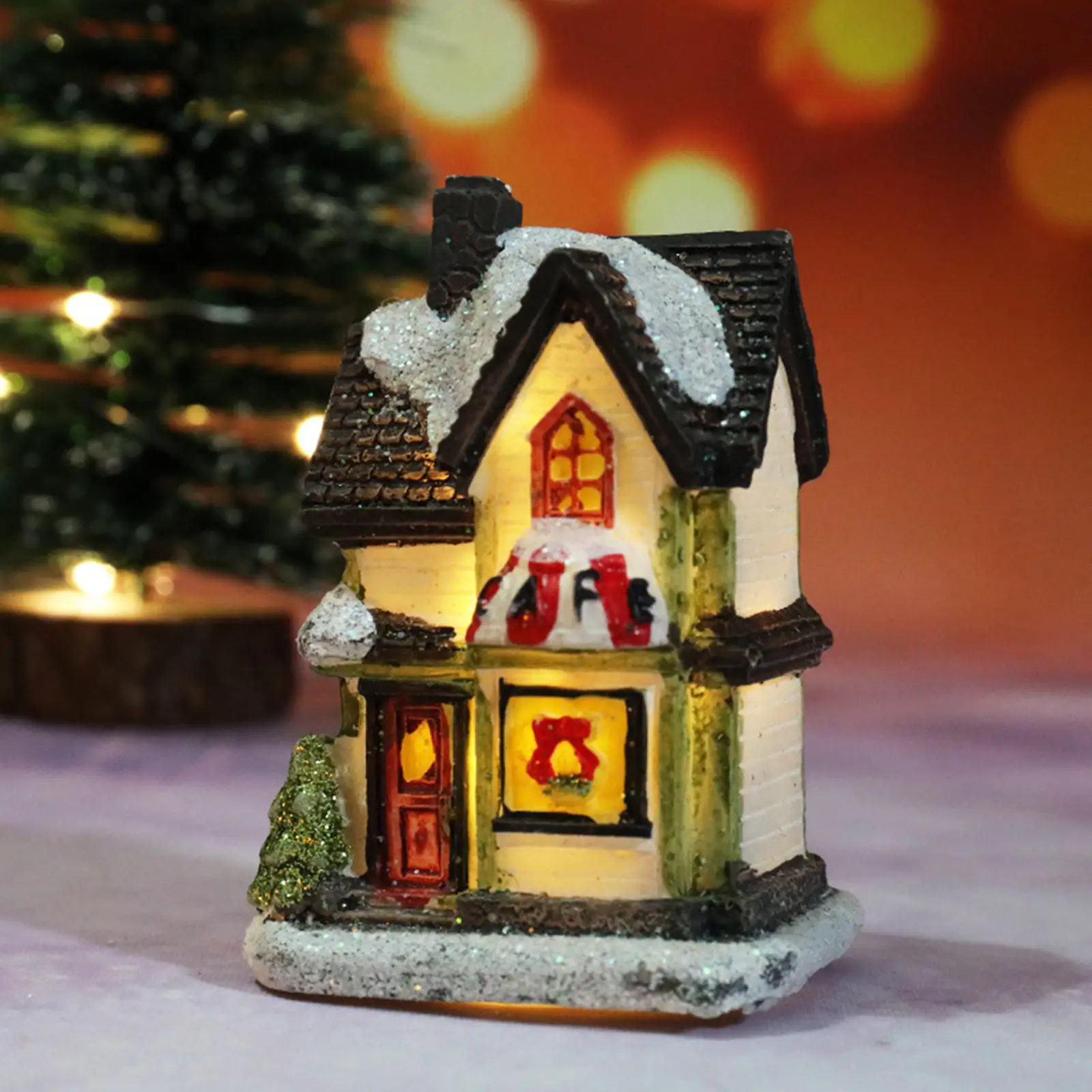 4pcs Vintage Style Resin Christmas House LED Light Miniature Village Set Xmas Home Table Desktop Festival Decor Gift