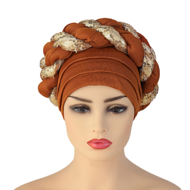 gorro africano chapéu torcido turbante feminino muçulmano lantejoulas trança cabeça envoltório cachecol shimmer plissado hijab boné aso oke auto gele