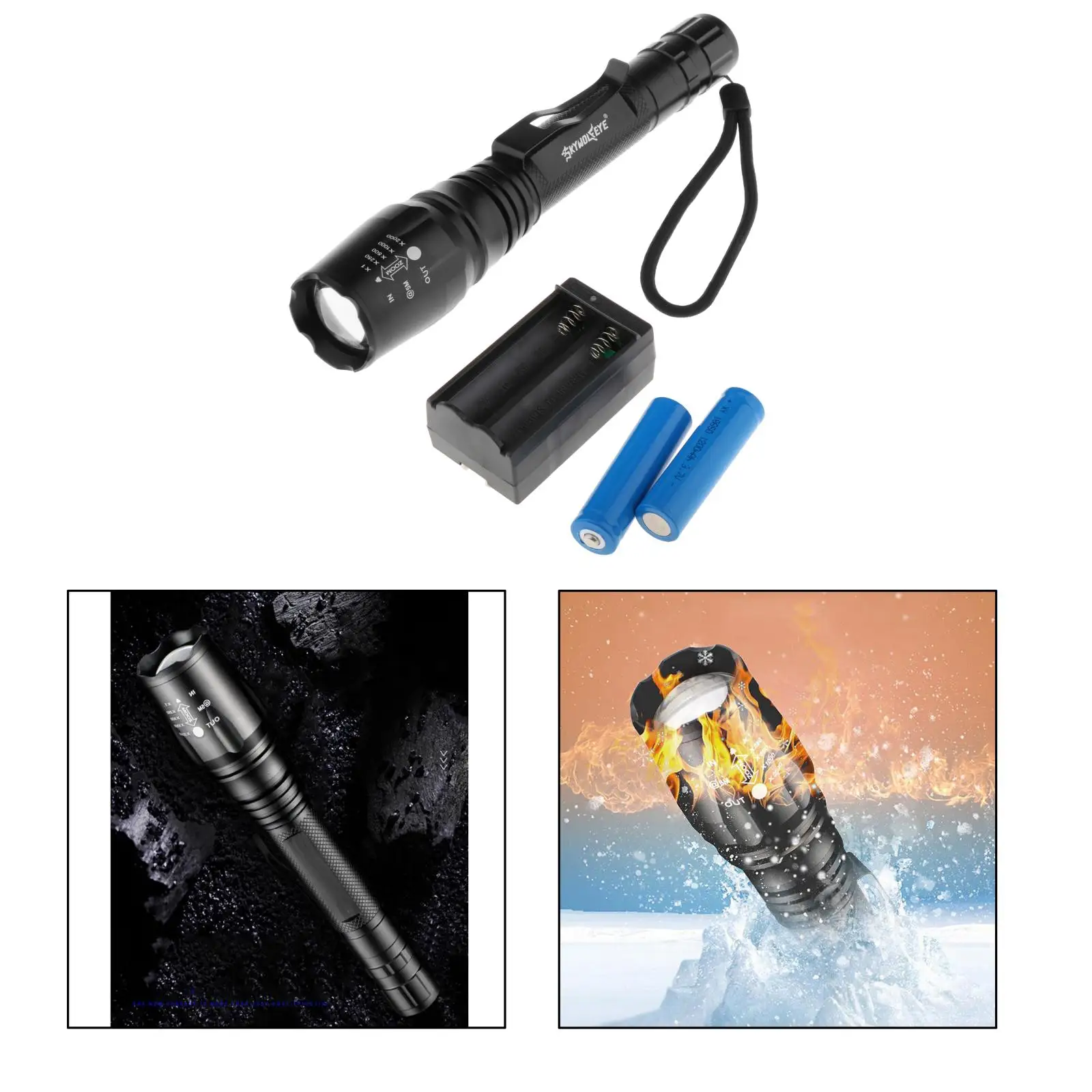 LED Tactical Flashlight 5 Modes, Waterproof, Zoomable, Solid Handheld Light Torch with Lanyard, 18650 Batteries, Charge Adapter