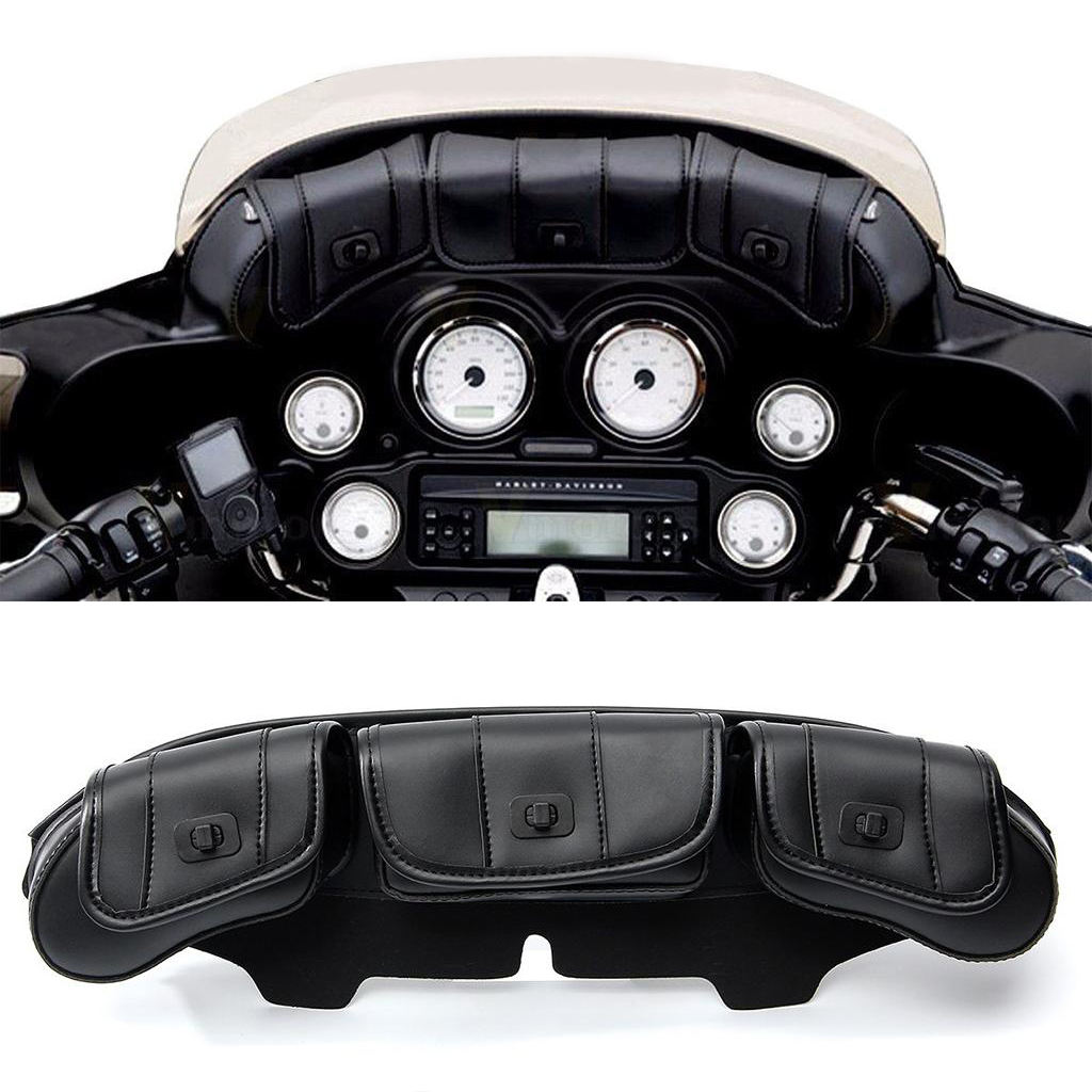 Motorcycle 3 Pocket Windshield Bag Pouch Fits for Harley Touring FLHT 96-13, Black