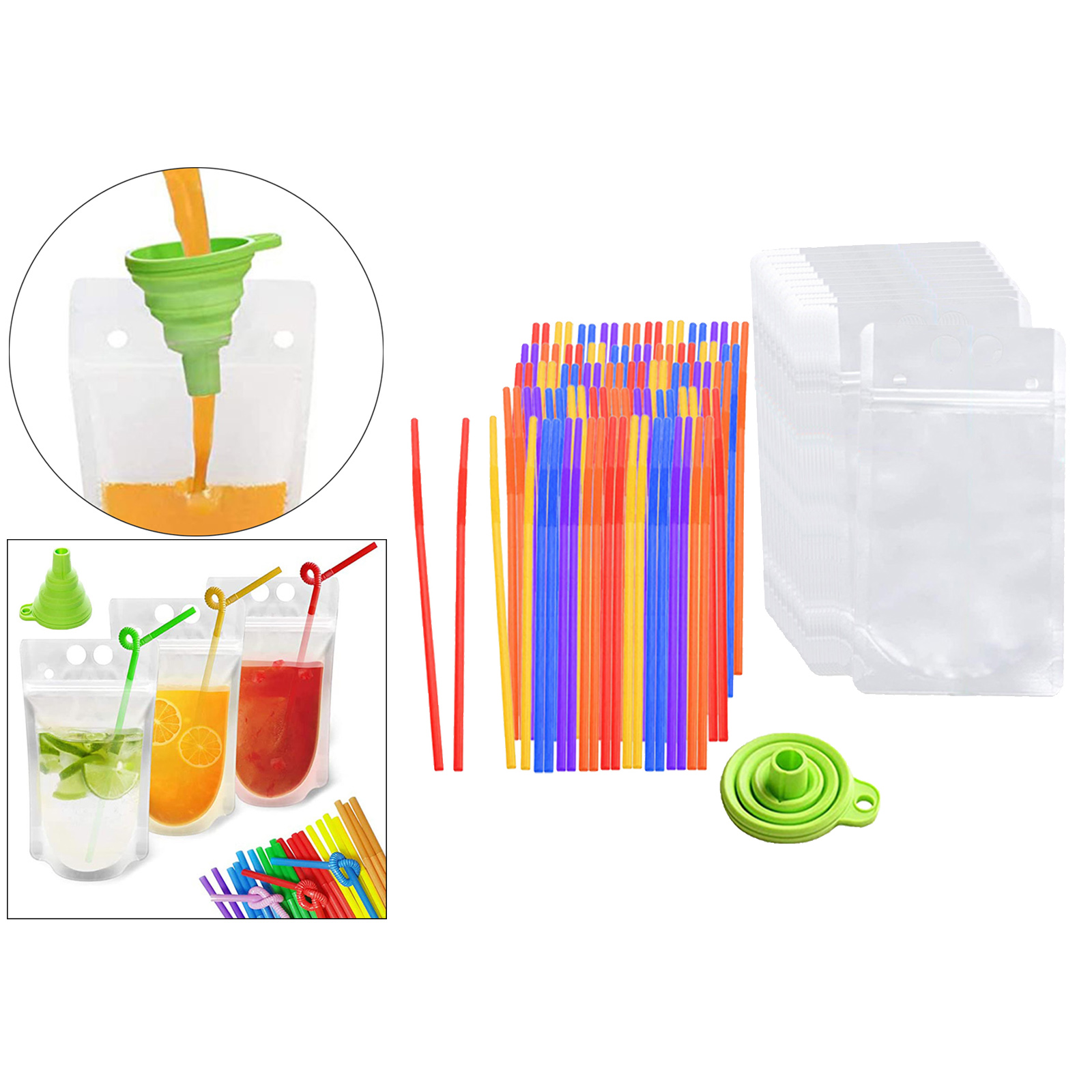 100 Pieces Disposable Drink Pouches No Leak Plastic Liquor Smoothie Juice Bags 500ml with Drinks Straws and Funnel