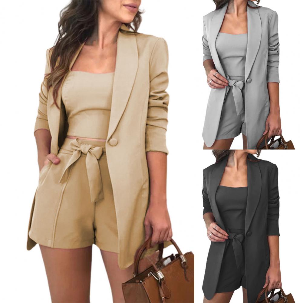 senhora do escritório roupas conjunto de manga longa blazer mulheres casaco blazer cor sólida calções colete set mulher sexy terno roupas de verão