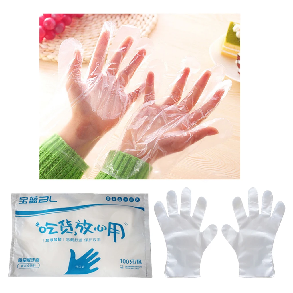 100pcs Clear Plastic PE Food Grade Disposable Gloves for Kitchen Cooking Cleaning Safety Food Handling