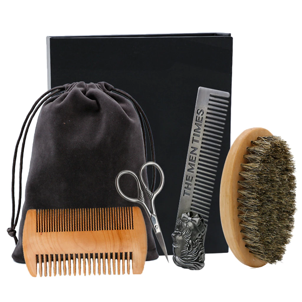 4Pcs/kit High-end Handmade Wooden Beard Brush Soft Bristles Detangling Comb 2 Ways Fine Wide Tooth Comb