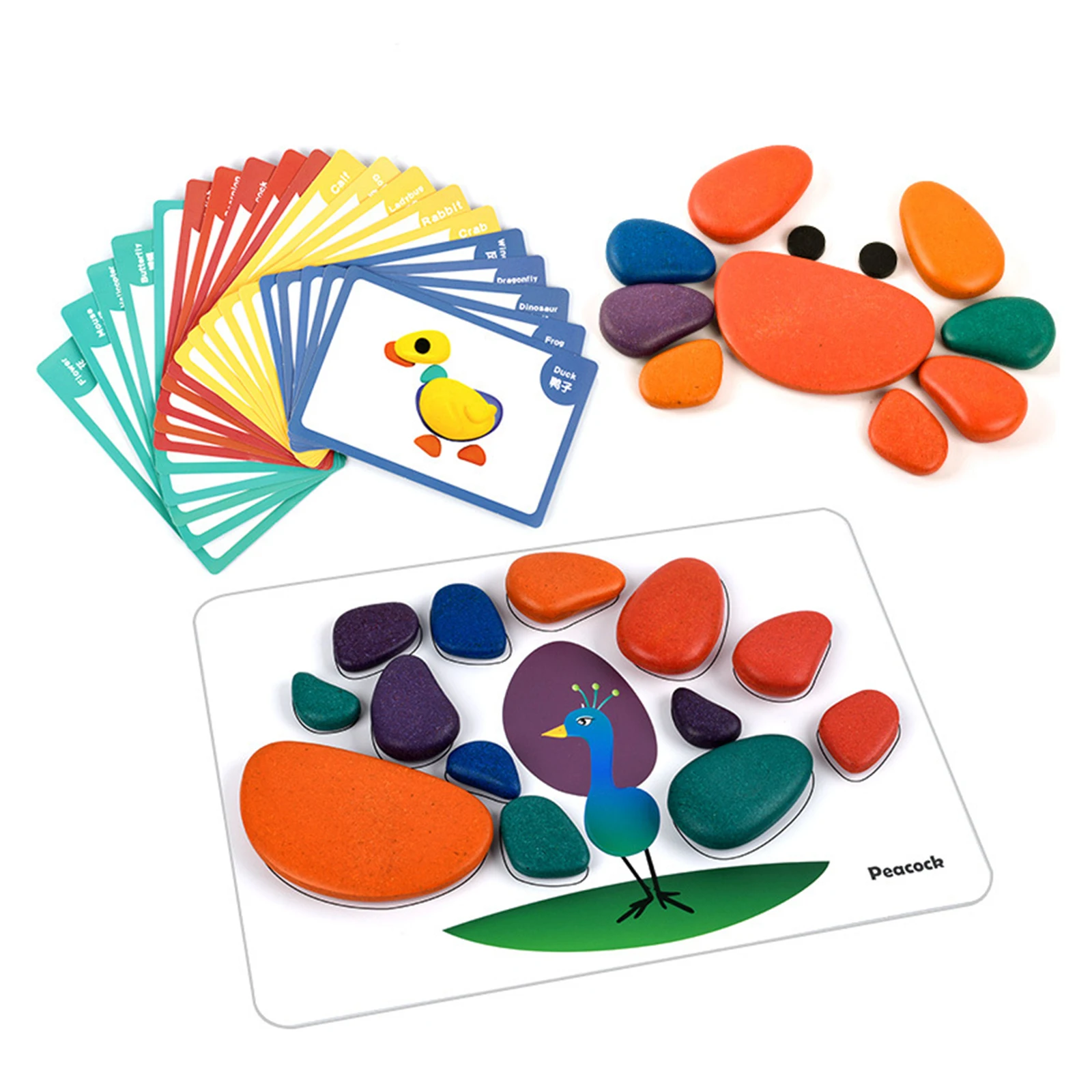 Wooden Pattern Blocks Stone with Cards Puzzle Educational Toy Game for Kids