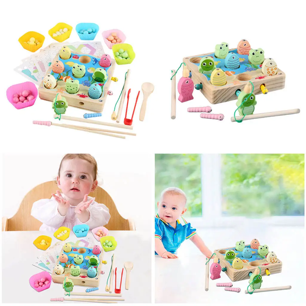 Multicolor Wood Fishing Toy Parent-Child Game Board Game Matching Game for Kids Children