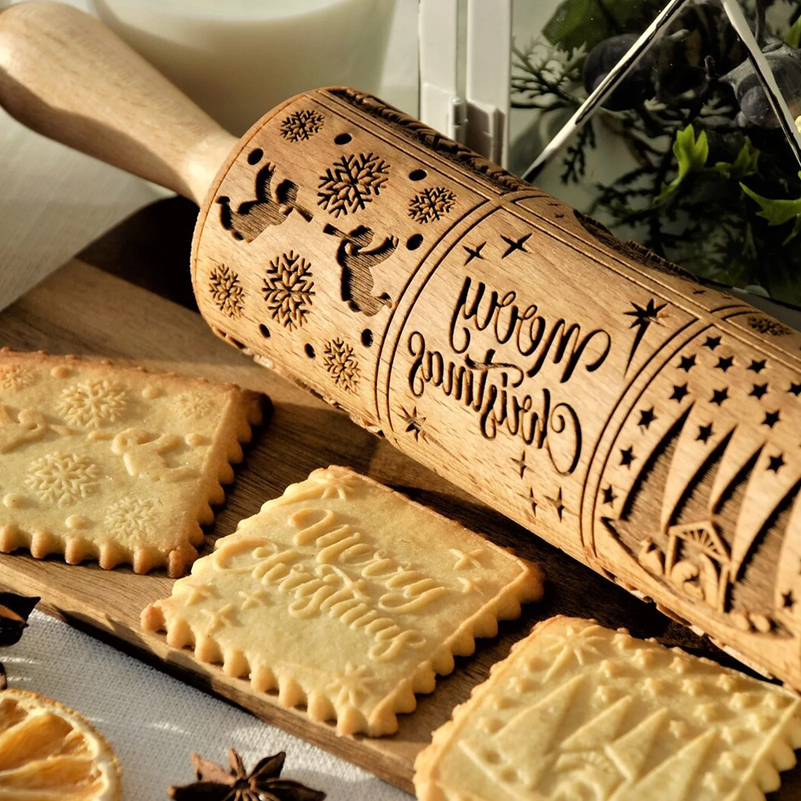 Xmas Rolling Pin Wooden Pattern Cookies Christmas Embossing Pin Cookie Tools USA 