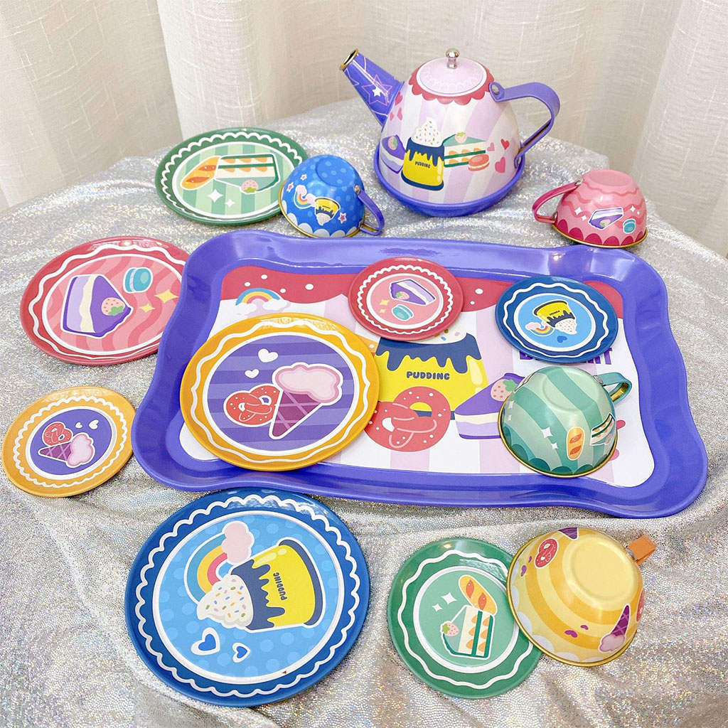 Tinplate Toys Tea Set with Tea Party Accessories Toy Dishes and Utensils Tea Party Set for Boys Toddler Kitchen Pretend Play