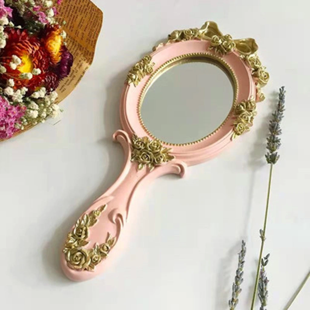European Style Vintage Handheld Roses Mirror Princess Women Oval Vanity Makeup Cosmetic Tool with Embossment Rose