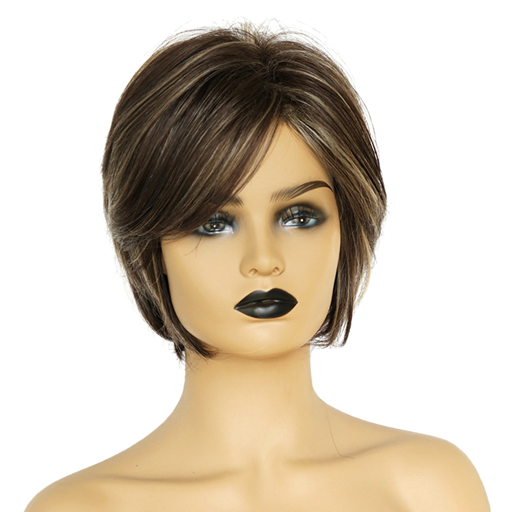 Lady Short Wigs Pixie Cut Hairstyle  Human Hair Wigs W/ Side Bangs