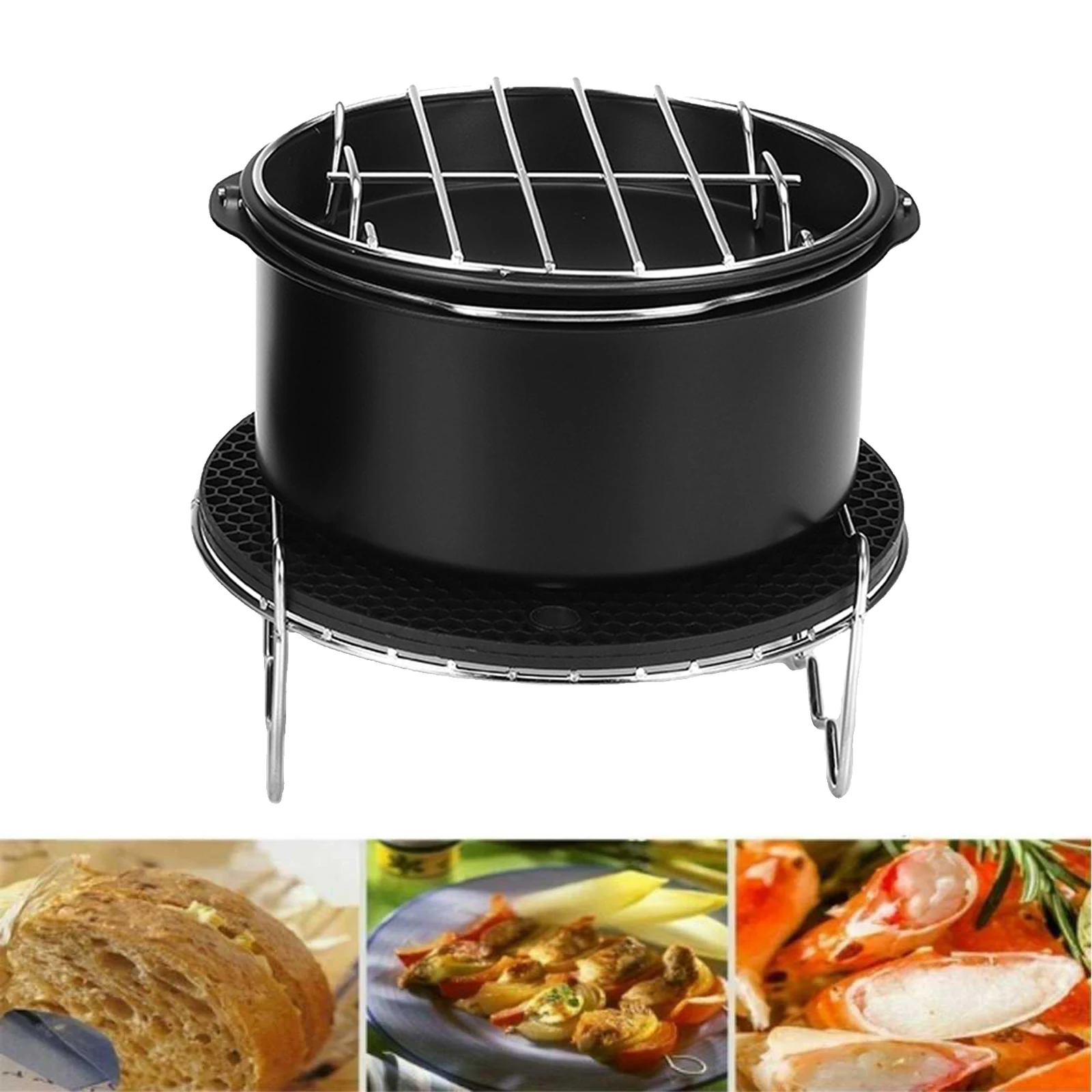 6 Inches Air Fryer Accessories Including Cake Barrel,Baking Dish Pan,Grill,Pot Pad, Pot Rack with Silicone Mat