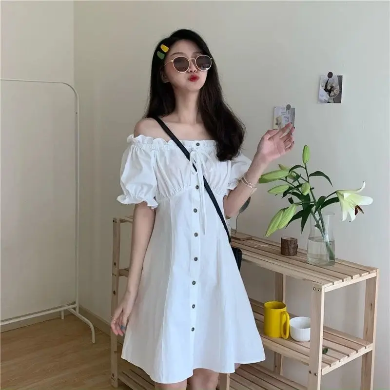 Dresses Women Solid Slash Neck Knee-length Student Sweet Elegant ...