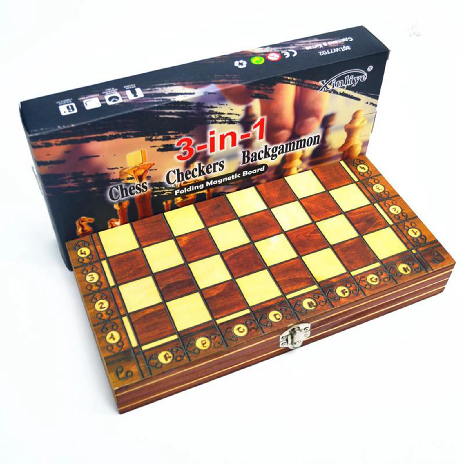 3 In 1 Chess Checkers Backgammon Travel Chess Set Chess Game 34x34cm Portable Magnetic Wooden Folding Chess Pieces Board