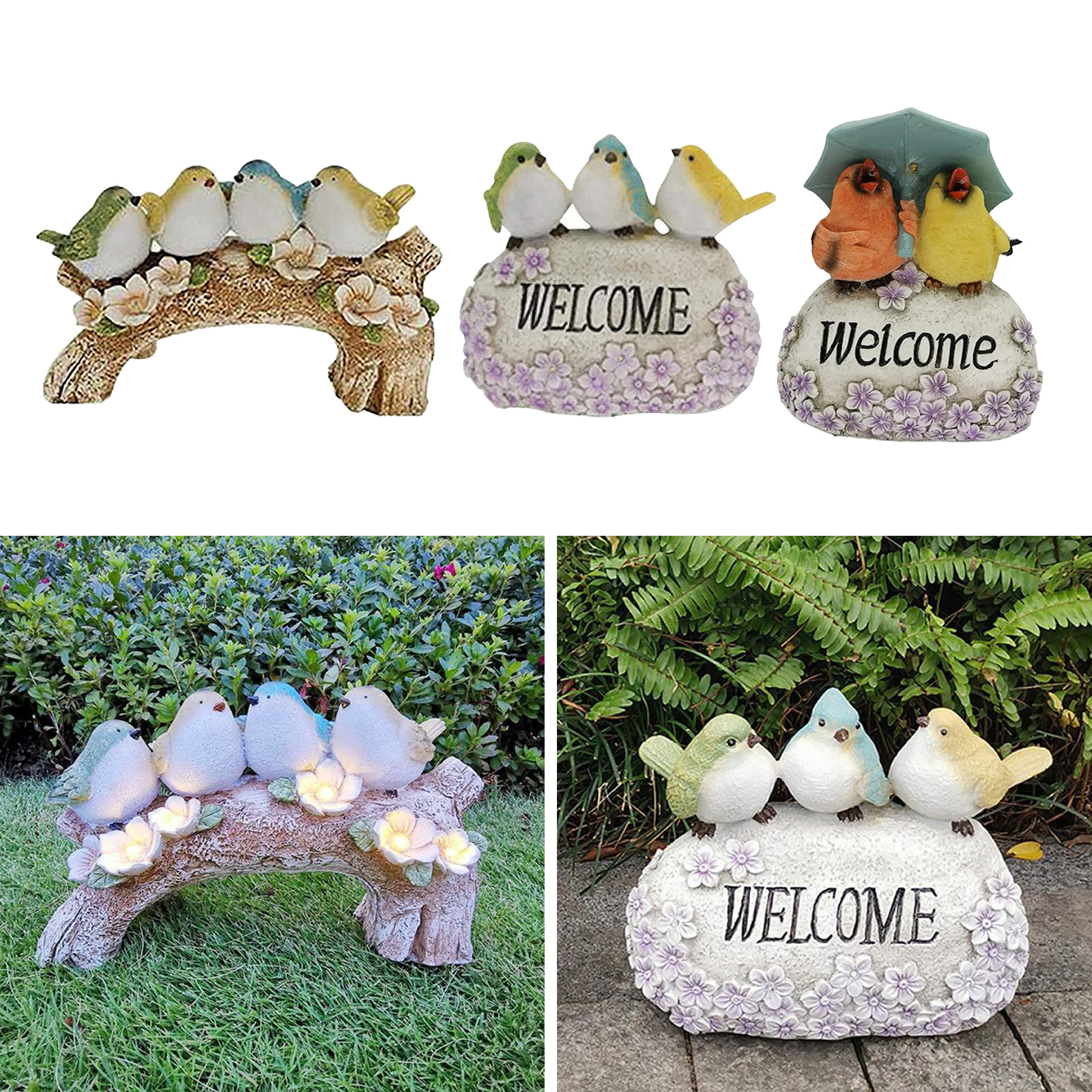 Solar LED Welcome Sign Yard Garden Birds Statue Lawn Decor for Flower Beds