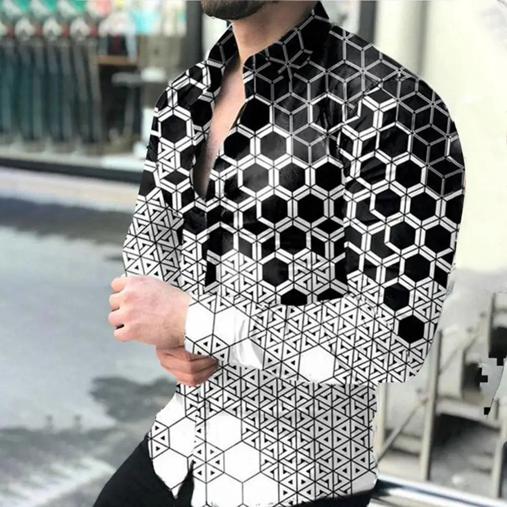 colarinho abotoado camisa masculina casual impressão digital