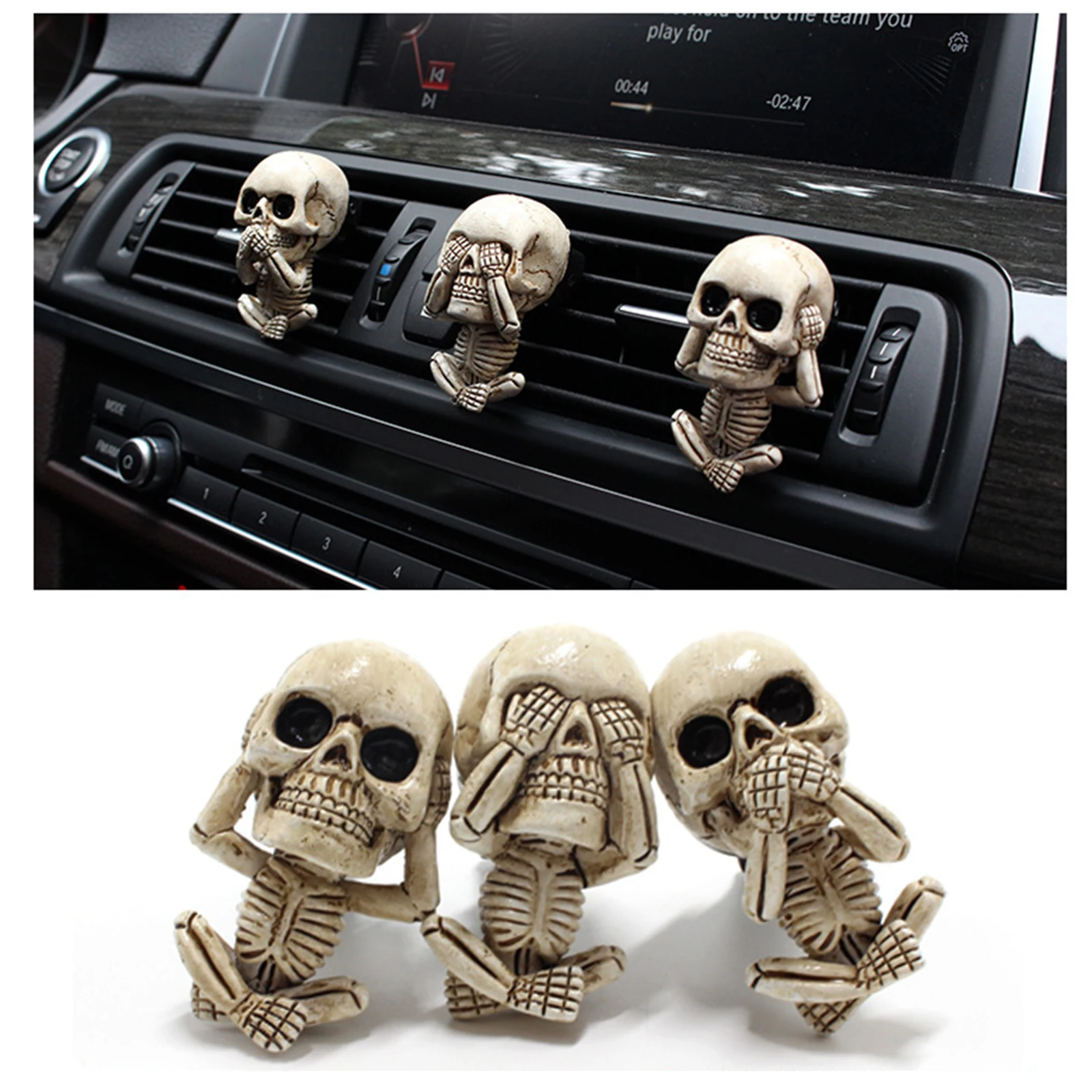 3 Piece Skull Statue Car Air Vent Clip Mount Skeleton Figurine Air Freshener