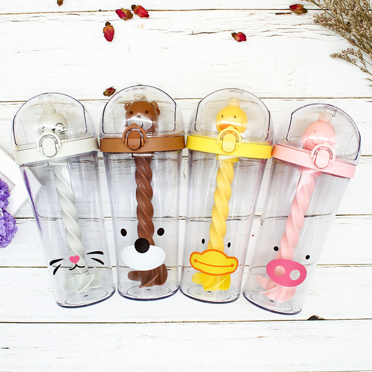 Water Bottle Reusable Insulated Plastic Cartoon Reusable Straw Travel Cup For Home