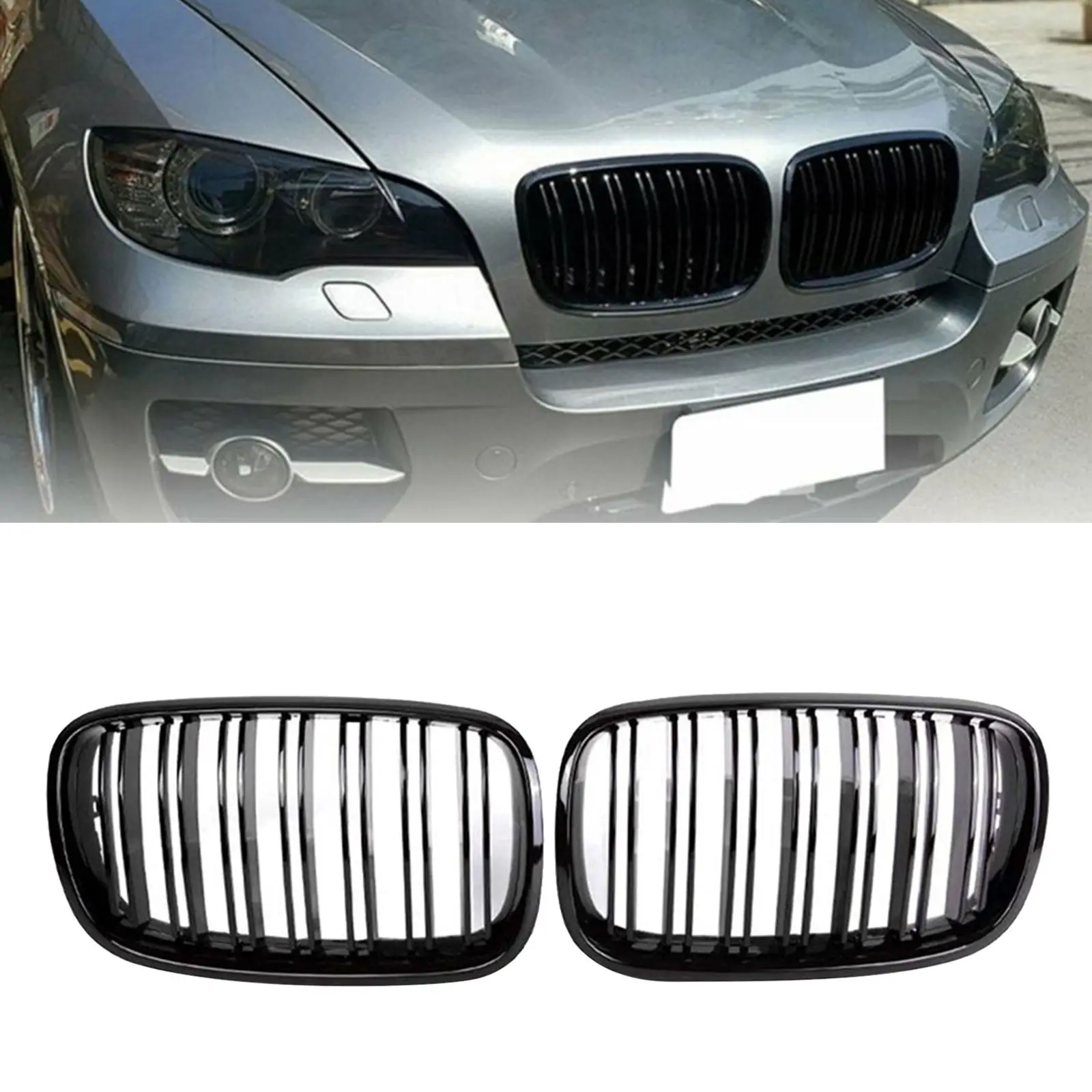 Black Front Kidney Double Line Grill Grille for BMW X5 E70 E71 2007 2008 2009 2010 2011 2012 2013, ABS Gloss Black Grill Set